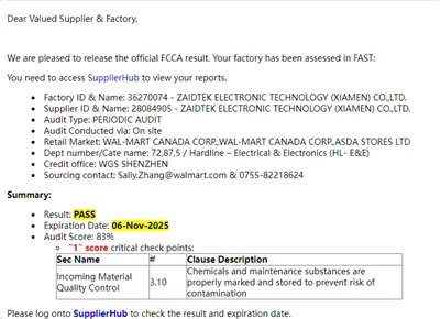Walmart FCCA Factory Audit (periodieke audit) doorgegeven met hoge score